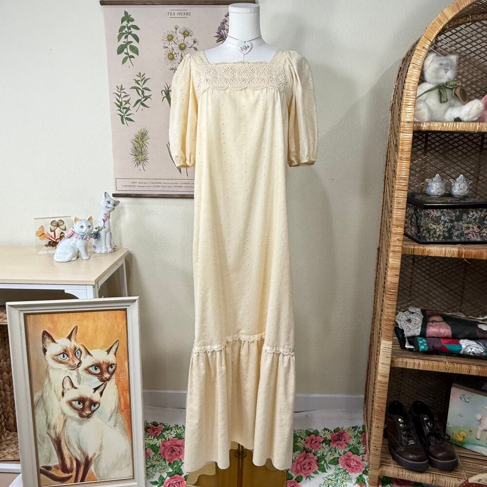 Vintage Eyelet Babydoll Maxi Dress Coastal Cowgirl Prairie Cottage Romantic S
